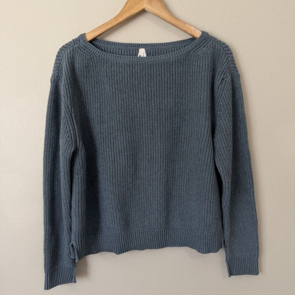 Pact Organic Cotton Luxe Chunky Knit Boatneck Sweater Ribbed Gray Blue Womens M
